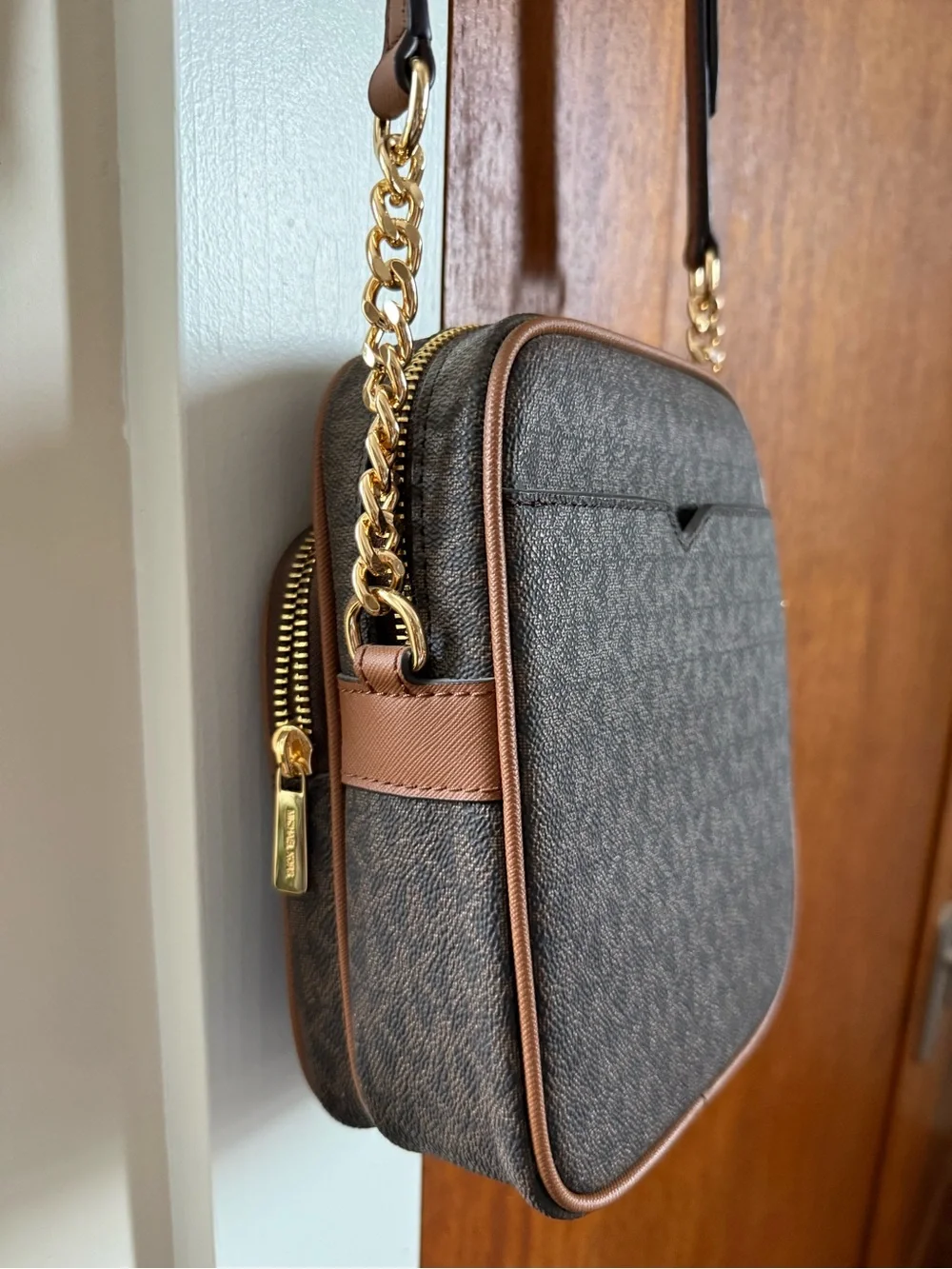 Michael Kors Brown MK Logo Crossbody Belt Bag with Gold Chain Strap